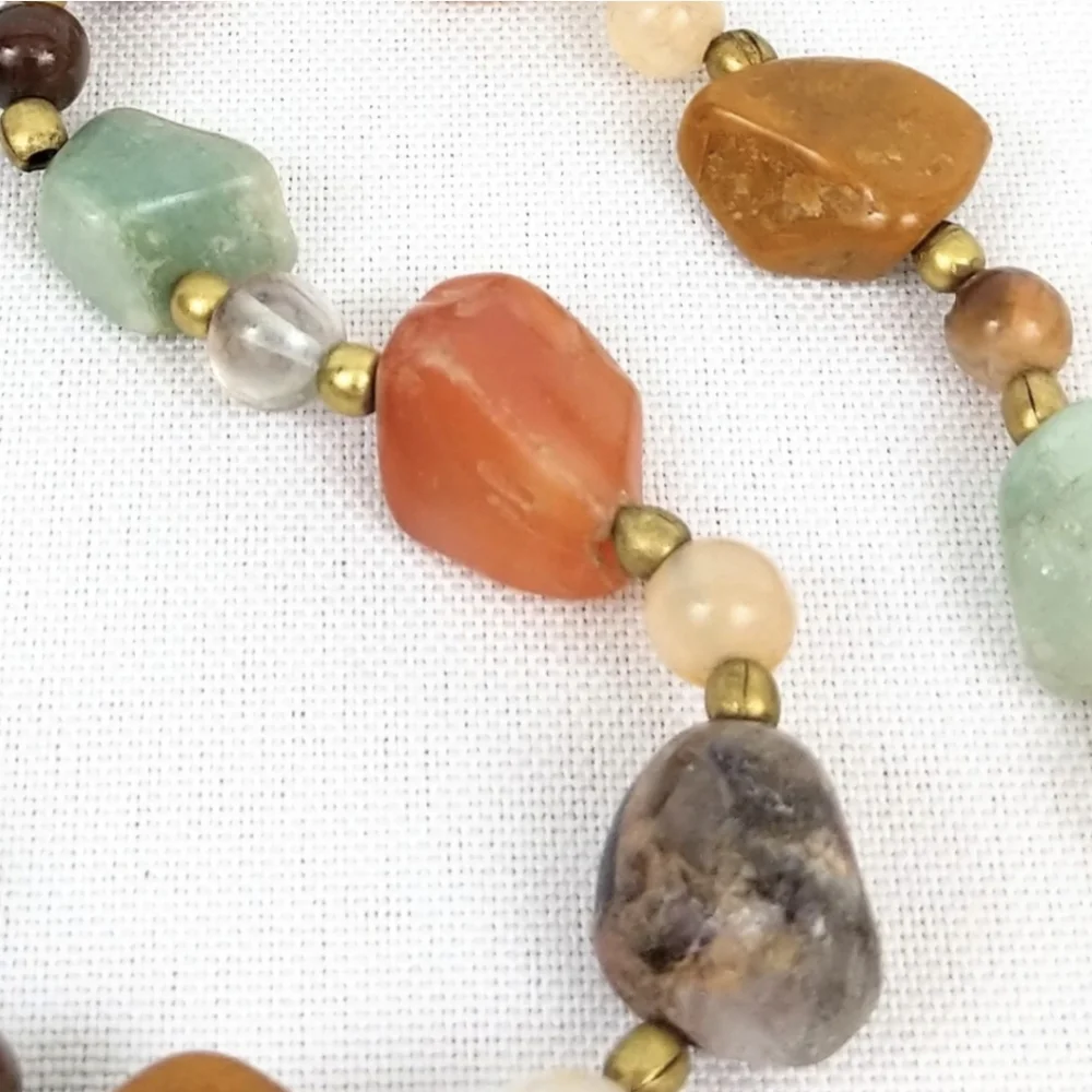 Polished Stone Necklace Agate Crystal Gold Bead Multicolor Natural Hippie Boho